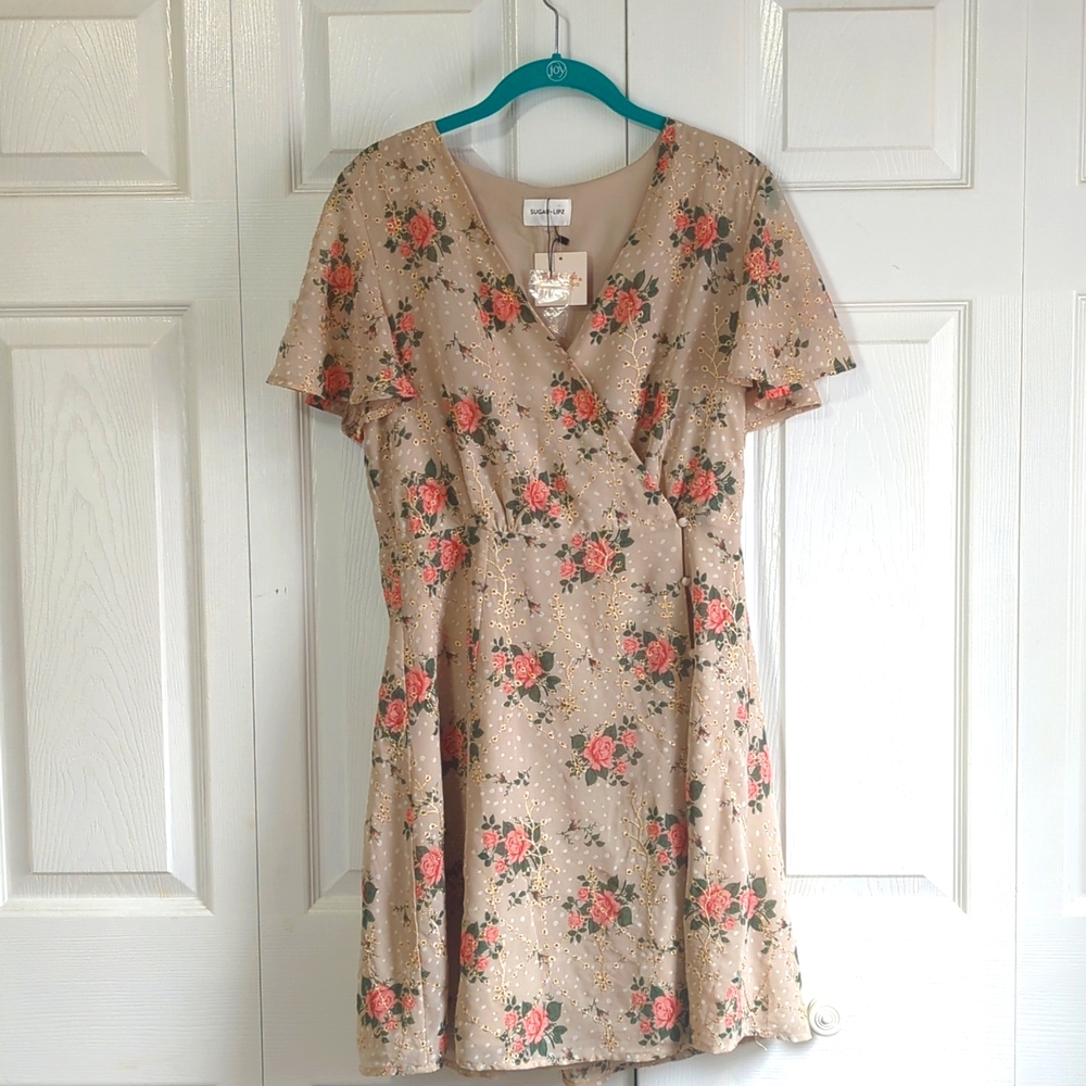 Embroidered Floral Button Detail Wrap Dress